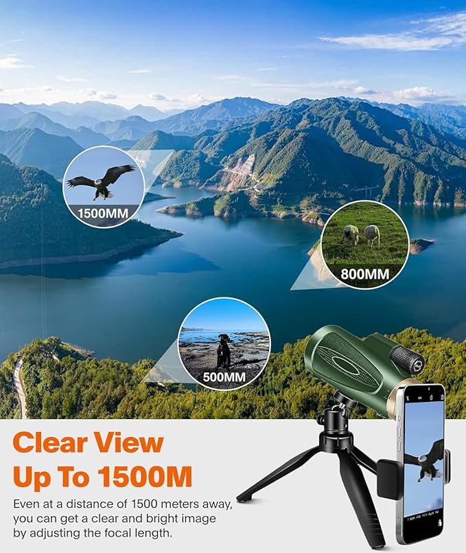 Monocular Telescope 80x100 High Power with Smartphone Adapter Tripod, Wide Field Monoculars for Adults with BAK4 Prism & FMC Lens, for Bird Watching Hiking Camping Wildlife-Green