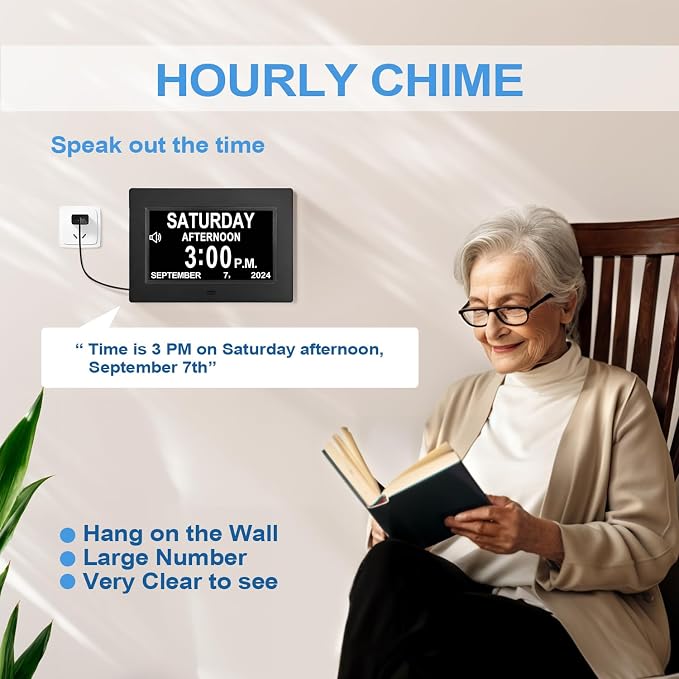 JALL 7" Large Digital Calendar Day Clock for Seniors 2026 - Easy to Read Alzheimer's Dementia Memory Loss Clock for Elderly with IPS Wide Angle，Day & Date, 12 Custom Alarms & Auto-Dimming, Black