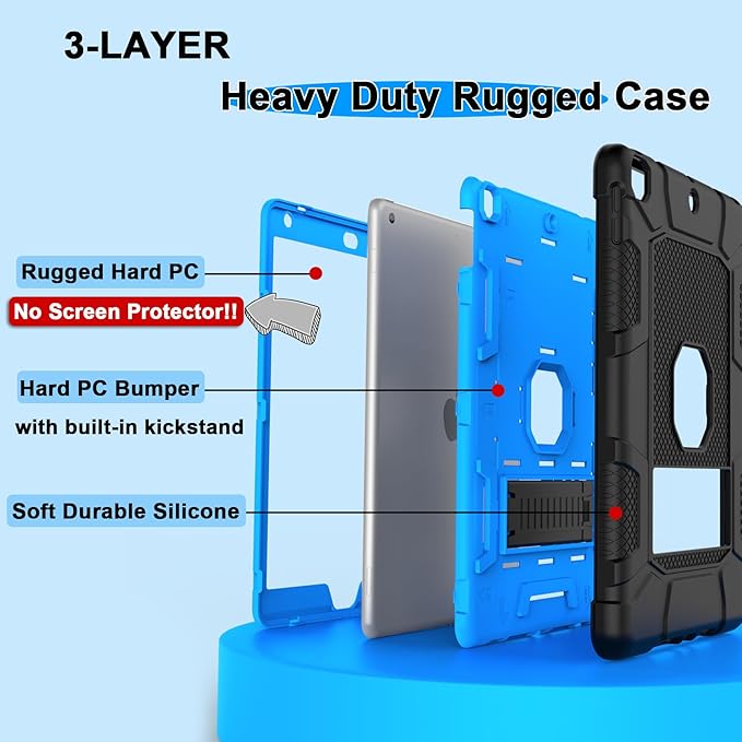Rantice Military-Grade Tested Case for iPad 10.2" 9th/8th/7th Gen, Shockproof Protective Cover with Stand & Child-Safe Design (Black+Blue)