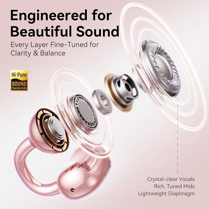Kinglucky Gen2 Clip-On Open Ear Earbuds with Detachable Sparkle Butterfly Earrings, Bluetooth Wireless Headphones for Women, 50H Playtime, Comfortable Fit for Small Ears, Easy Storage Case,Transparent