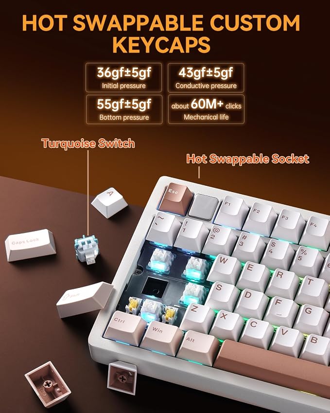 LEOBOG HI75CPro Mechanical Aluminum Keyboards, Gaming Keyboard RGB Backlit Tri-Mode BT5.0/2.4GHz/USB-C, Creamy Keyboard with PBT Keycaps for PC/Win/iOS/Andriod-Turquoise Switch, Brown