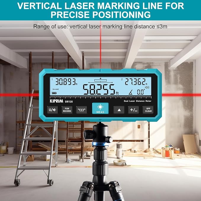 Kiprim DR120 Dual Laser Distance Meter with Bidirectional Laser Emission, Vertical Laser Marking Line, and Electronic Level, Measures in Meters, Feet, and Inches, 393ft/120m Range Rangefinder