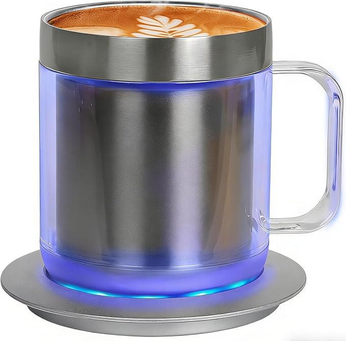 12oz Self Heating Coffee Mug, Electric Heated Coffee Cup with USB Charging Base, Temperature Control Stainless Steel Mug Warmer Set for Desk and Office (Silver Classic-12oz)
