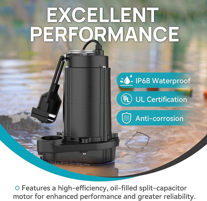 1/2 HP Sewage Pump, Cast Iron Effluent Pump, Automatic Float Switch, Sewage Sump Pump for Sump Basin, Basement, Residential Sewage, 2'' NPT Discharge, Black