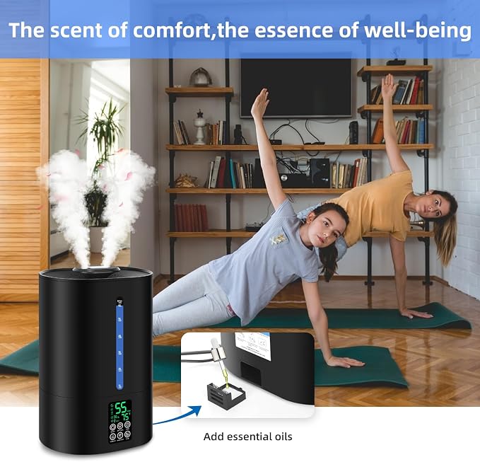 Coolfiqu 6L Humidifiers for Bedroom Large Room Home,Cool and Warm Humidifier for Baby and Plants Hot Mist Top Fill Desk Humidifiers Oil Diffuser,Quiet,Adjustable Mist,360°Nozzle-Black(2026 Upgraded)