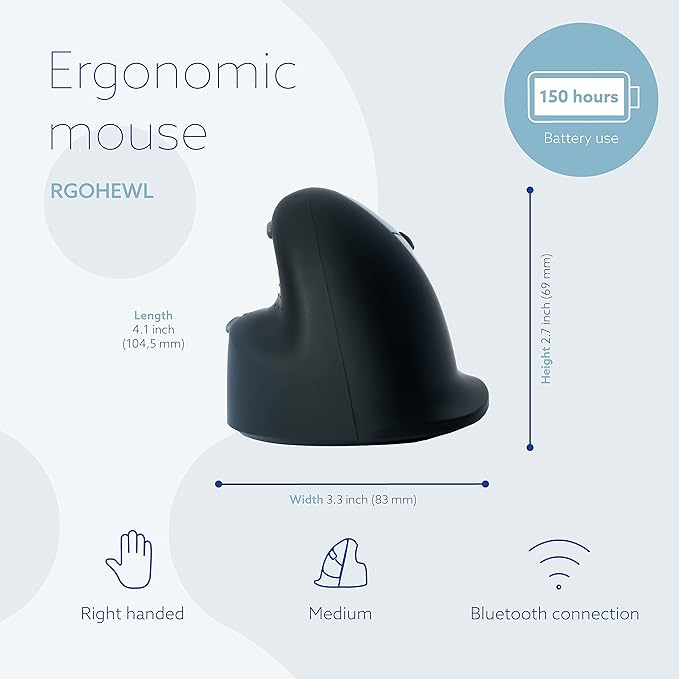 R-Go HE Ergonomic Mouse, Bluetooth 5.0, Silent Click, Vertical design, With Break Software, Prevents Tennis Elbow/RSI Arm, Rechargeable, For Windows/Mac, 5 Buttons, Black