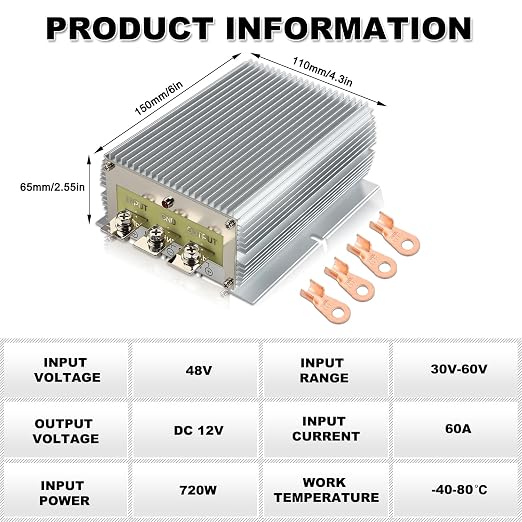 48V to 12V Voltage Converter Reducer, 60A 720W Voltage Regulator, Waterproof Truck Power Transformer, Fit for Golf Cart, RV