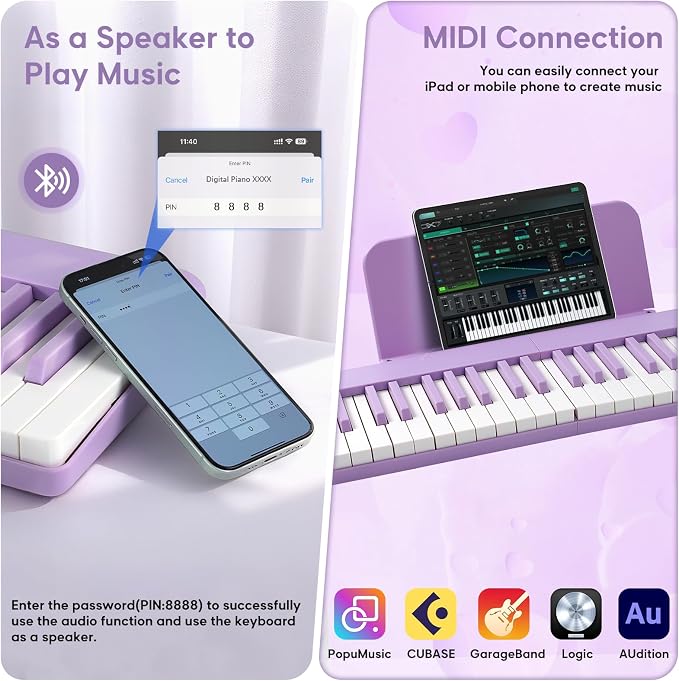 AiJoy Piano Keyboard 88 Keys with Magnetic Connection | for Beginners, Girls Gifts | Portable Foldable Electric Piano Keyboard, Lightweight Purple Keys, Sustain Pedal, Piano Bag(ASP-10M)