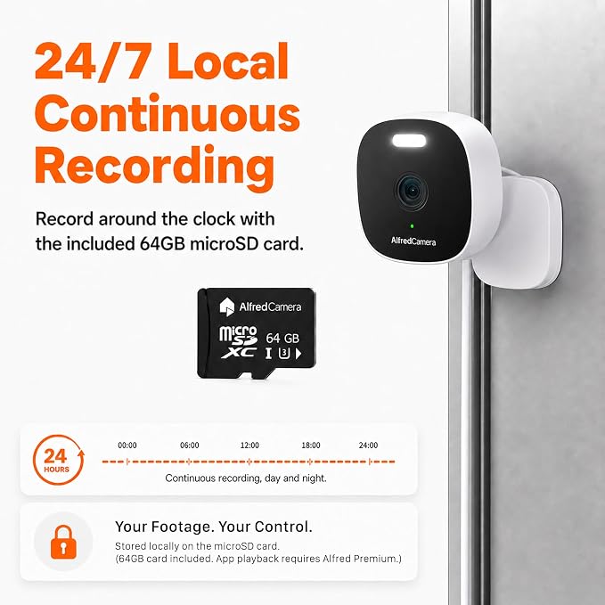 AlfredCam Plus 2 Smart Home Security Camera 2.5K, WiFi 2.4 & 5GHz, Indoor/Outdoor, IP65 Waterproof, LED Spotlight, Two-Way Audio, Color Night Vision, Baby/Pet Cam, App Powered (100M+ downloads)