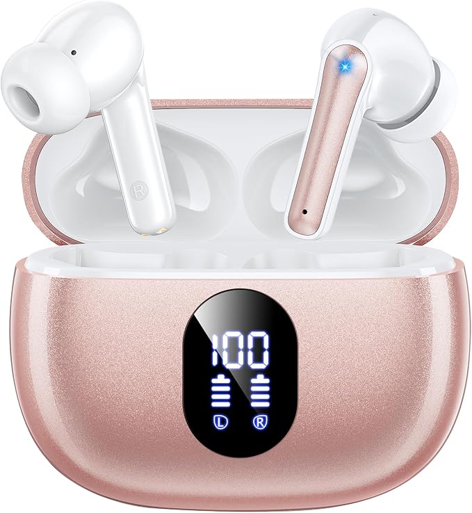 ZZU Wireless Earbuds Bass Stereo Headphones Bluetooth 5.3 Ear Buds, 48H Playtime, LED Display in Ear Earphones with Mic, IPX7 Waterproof, Touch Control Lightweight for iPhone/Sports/Laptop Rosegold