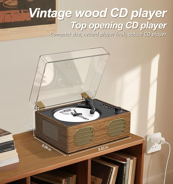 Walnut Wood CD Player with Speakers, Bluetooth Retro Portable Music Player for Home, Wired & Remote Control