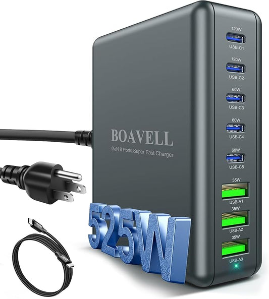 USB C Charger Block, 525W 8-Port AI GaN Fast Charging Station Hub with 100W Cable, Dual PD 100W Multi-Device USB C Wall Charger Adapter for iPhone 17 16, MacBook, Laptop, iPad, Samsung Galaxy and More