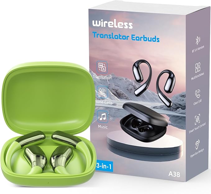 AI Language Translator Earbuds, Translation Earbuds Real Time, 3-in-1 Earbud Translator 144 Languages & Accents, Translation Headphones Fit iOS & Android for Travel Business Learning (A38 Green)
