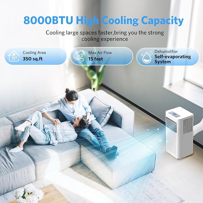 Electactic 8000 BTUs Quiet Portable Ac Unit for Room up 350 Sq.Ft, Portable Air Conditioners with Cooling, Fan, Sleep Mode, Dehumidifier, 24H Timer, Remote Control, Drain Hose