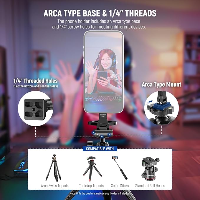 NEEWER Dual Magnetic Phone Holder Stand Tripod Mount with Arca Type Base, Metal Lightweight Portable Camera Cellphone Attachment Compatible with MagSafe iPhone Samsung Android Video Recording, DS029