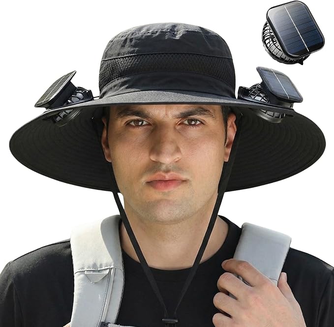 Solar Fan Hat Wide Brim Sun Hat with 3 Solar Fan, Outdoor Bucket Hats for Men Women UPF 50+ Fishing Beach Hiking Bucket Hat