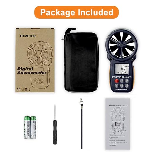 BTMETER BT-100APP Anemometer w/Wireless Bluetooth, Digital Handheld Wind Speed Meter for Wind Chill, Air Velocity, Temperature, Vane Anemometer Gauge