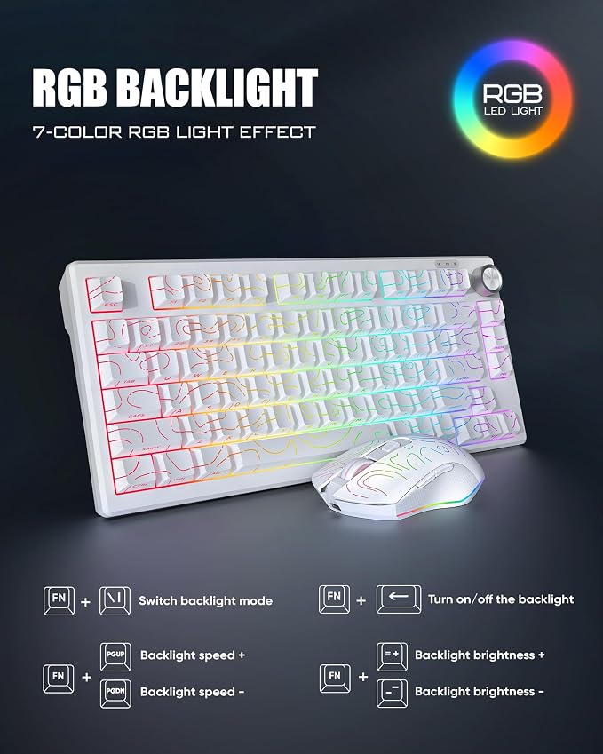 RedThunder K75 Wireless Keyboard and Mouse Combo,75% Membrane Side-Engraved Keyboard,Optical Gaming Mouse with 4800DPI,3 Modes(BT/2.4G/Wired),Dual System,RGB Backlit,Rechargeable Battery,Contour White