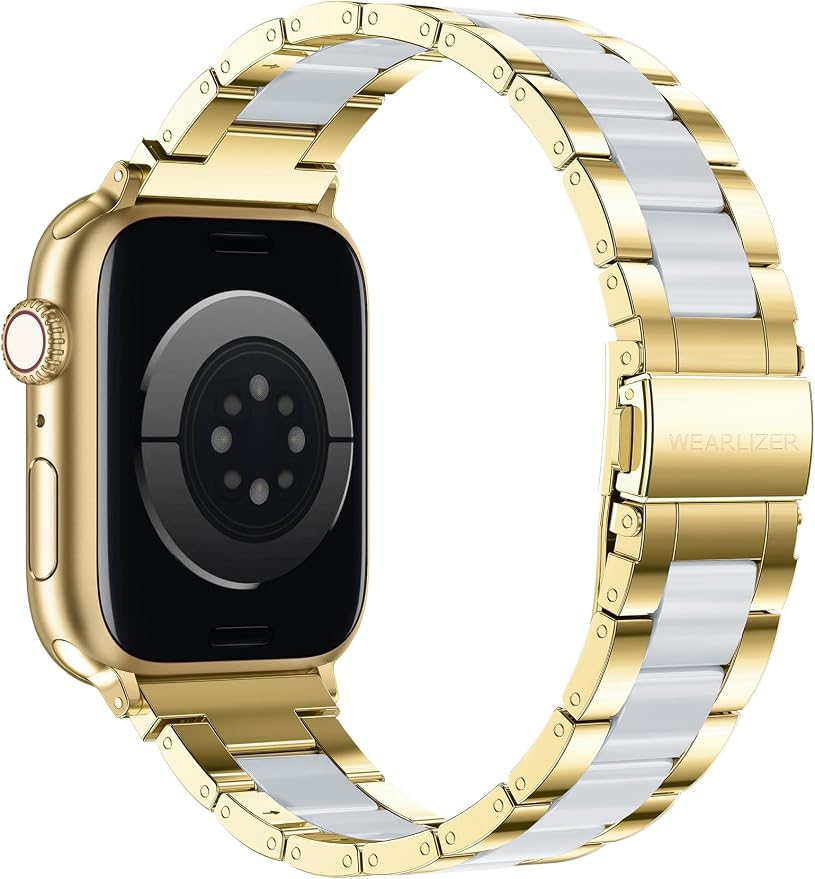 Wearlizer Compatible with Apple Watch Band 38/40/41/42mm Fashion Wristbands Womens, Stainless Steel + Resin Metal Replacement for iWatch Series 11 10 9 8 7 6 5 4 3 SE/Ultra 3 2 1-Gold+White