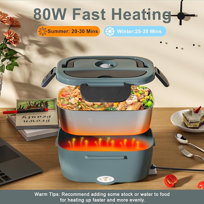 Akhia Electric Lunch Box for Adults Food Heater 80W Heated Lunch Box for Men Work Car Truck 1.5L Portable Food Warmer Heating Lunch Box with 304 Stainless Steel Container12V/24V/110V/220V Food Heater
