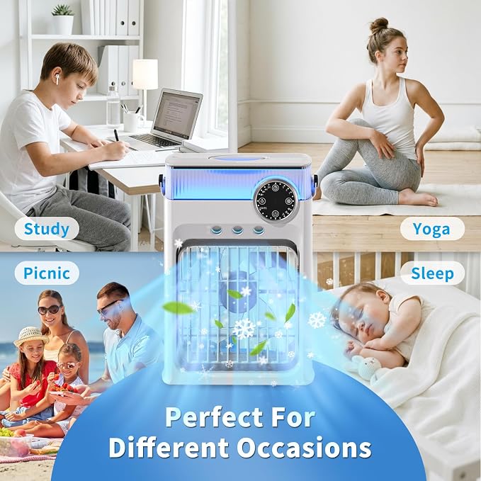 Portable Air Conditioner with Remote Control,1200ml Evaporative USB Mini Air Cooler Conditioner RGB 8 LEDs, 3 Speed 3 Spray Mode,2-8H Timer Small Portable Ac Unit for Home Bedroom,Pearl White