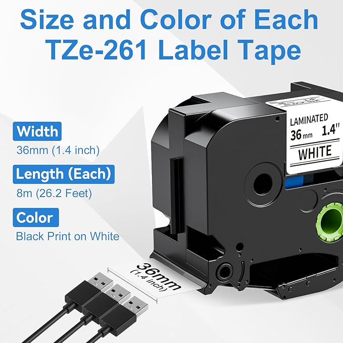Labelife 36mm Label Tape TZe-261 Replacement for Brother P Touch TZe TZ Tape 36mm 1.4 Inch Laminated White TZe261 TZ-261 for Brother Ptouch PT-P910BT PT-P900W PT-P950W PT-530 PT550 Label Maker, 4-Pack