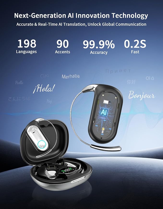 Open Ear Earbuds AI Translation Earbuds Real Time Open Ear Headphones Wireless Bluetooth 6.1 Audifonos Traductores Inglés Español 96H Playtime Language Translator Earbuds for Meeting Learning