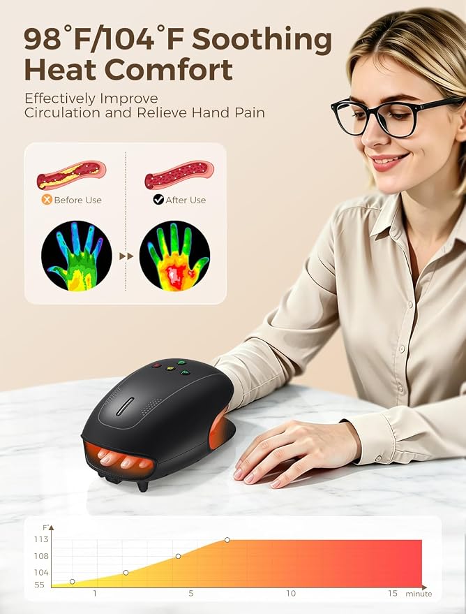 Estefanlo Hand Massager with Heat and Compression, Cordless Hand Massager for Arthritis Pain Relief, 3 Modes Air Compression Finger Massage Device, 2 Heat Levels, Washable Silicone Liner, Black
