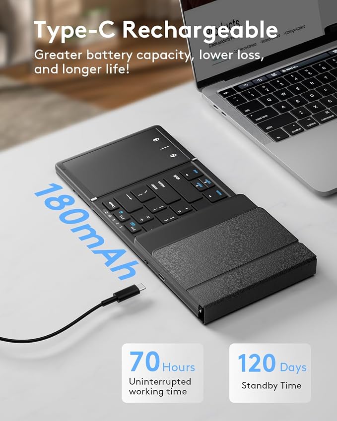 Samsers Foldable Bluetooth Keyboard with Touchpad, Full-Size Wireless Folding Portable Travel Keyboard for iOS Android Windows Mac OS, Support 3 Devices (BT5.1 x 3), Black