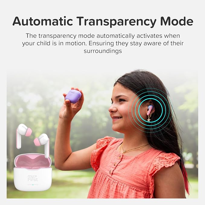 myFirst CareBuds Kids Wireless Earbuds, 85dB Volume Limiting Earbuds for Kids Ages 3-12, Bluetooth 5.3 Safe Hearing Protection, 36H Playtime, Small Ear Fit, IPX4 Waterproof, Easy Pairing