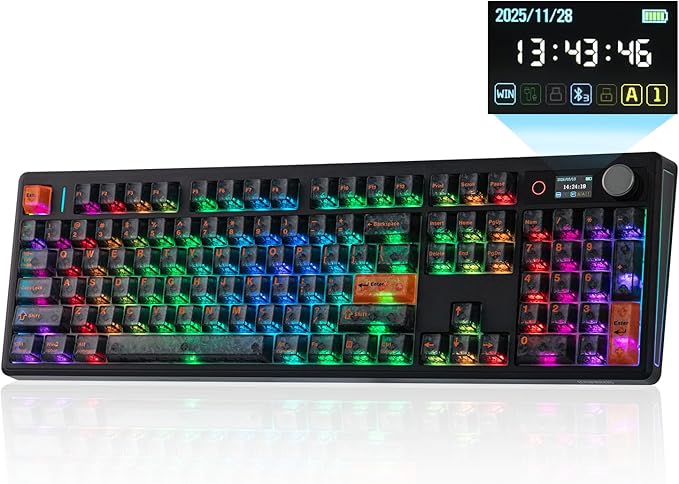 EPOMAKER TH108 V2 PRO Full Size Mechanical Keyboard with Screen&Knob, 10000mAh, BT/2.4Ghz, Mac Modifier PBT Keycap, Hot Swap, RGB, Gasket, Wireless Gaming Keyboard for Mac/PC (Black, Sea Salt Silent)