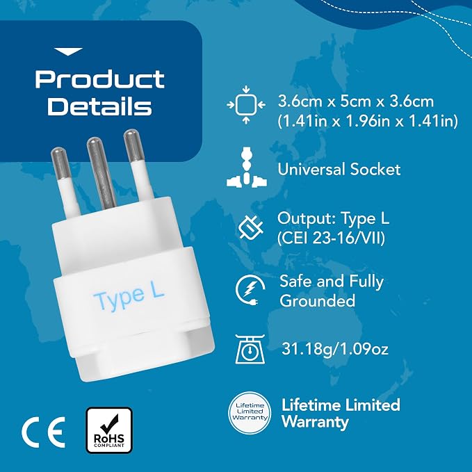 Ceptics Italy Power Adapter, Type L plug adapter, Universal Travel Adapter Chile, Italy travel adapter plug perfect for Rome, Lybia, Tunisia, Uruguay, GP-12A - White (3 Pack)