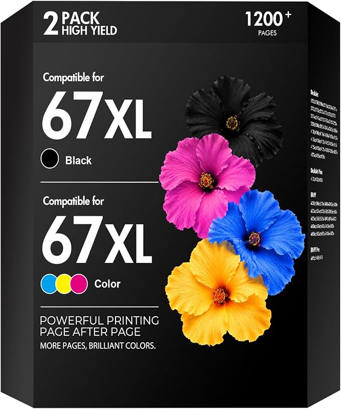 67 67XL Ink Cartridge Black/Color Combo Pack 2800e 2855e Replacement for HP67XL Work for HP Deskjet 2700 2755e 4255e 4155e 2827e 2852e 2700e Envy 6055e 6000 6400 6455e Printer (1 Black,1 Tri-Color)