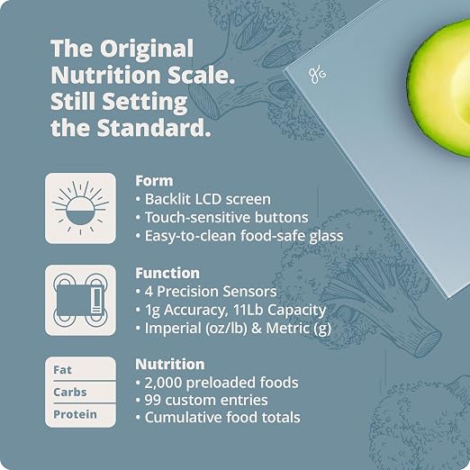 Greater Goods Digital Nutrition Scale – Accurate Macro and Calorie Tracking for Meal Prep, Weight Loss, and Healthy Eating | 2,000 Built-in Foods, Intuitive Nutrition Label Display, 11lb Cap, Blue
