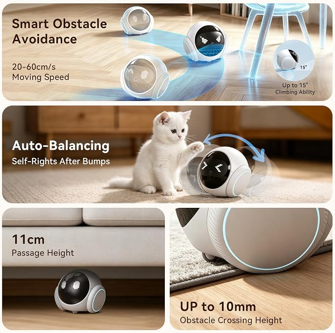 Vivideye Pet Camera 1080P, Movable Robot Security Camera for Dog Cat, Rolling Robot Indoor Camera with Talk,Battery-Operated, Auto-Recharge, Night Vision,SD/Cloud Storage, Pet/Human/Voice Detection