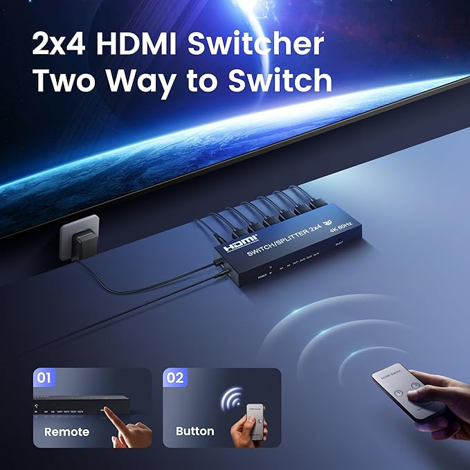 4K@60Hz HDMI Switch Splitter 2 in 4 Out with Remote, avedio Links 2x4 HDMI Splitter Switcher 4K with SPDIF & 3.5mm Audio,Support 4K,3D,1080p,HDCP2.2,HDR 10 for PS5/4,Xbox,Fire Stick,etc