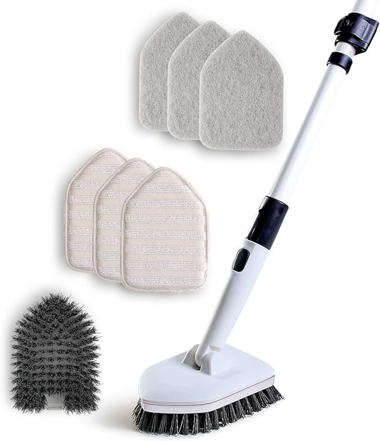 Moku Home Shower Scrubber 3 in 1 Extendable Long Handle 58" Cleaning Brush Bundle Value Pack - Non Scratch Shower Brush for Cleaning Bathroom Kitchen Toilet Wall Tub Tile Sink with 8 Refills (Gray)