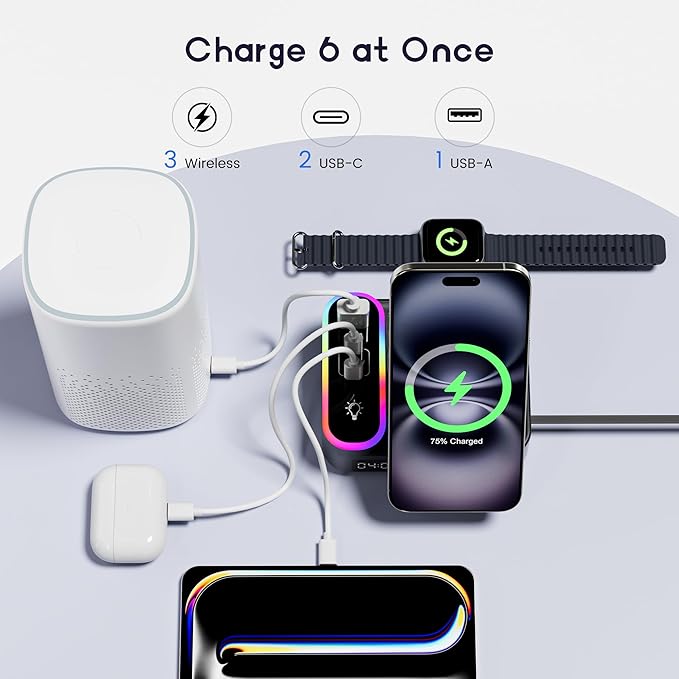 8-in-1 Charging Station 65W, 15W Magnetic Wireless Charger with Retractable Cable, 30W USB C Fast Charging Stand for iPad, Multiple Devices for iPhone 17 16 15 14 13 12 Pro Max Apple Watch Airpods