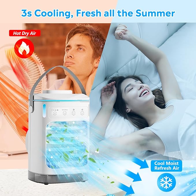 Portable Air Conditioners, Personal Air Conditioner with 3 Speeds & 2/4/6/8H Timer, 7 Color Light & 900ml Large Tank, Dual Mist & Icebox, Evaporative Air Cooler AC Cold Fan for Bedroom Office Desk Car