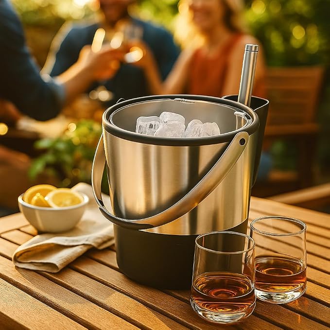 Oggi Insulated Ice Bucket, 4 Quart / 3.8 L, Stainless Steel, Black.