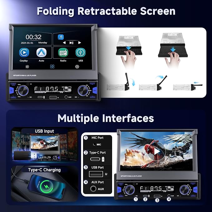 7 inch Single Din Touch Screen Car Stereo Flip Out Wireless CarPlay Android Auto, 1 Din Car Radio with Bluetooth with RDS AM FM Radio Car Audio Receiver Mirror Link,Type-C/USB/AUX+ Backup Cam