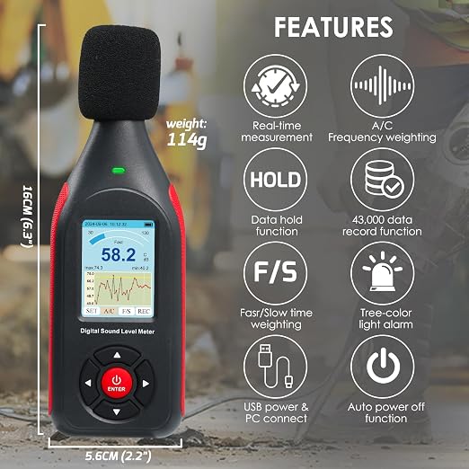 Decibel Meter Data Logger Digital Sound Decibel Meter, Sound Level Meter with 43,000 Data Record & Export, Rechargeable Noise Meter with A/C Frequency&DC Output, 3-Color Alarm, Real Time Measurement