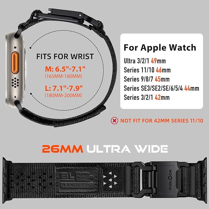 Bandletic Compatible with Apple Watch Bands 49mm 46mm 45mm 44mm for Men - Wide Soft Nylon Sport Strap Replacement with Magnetic Fidlock Hook Buckle for iWatch Series 11 10 9 8 7 6 5 4 Ultra SE 3 2 1