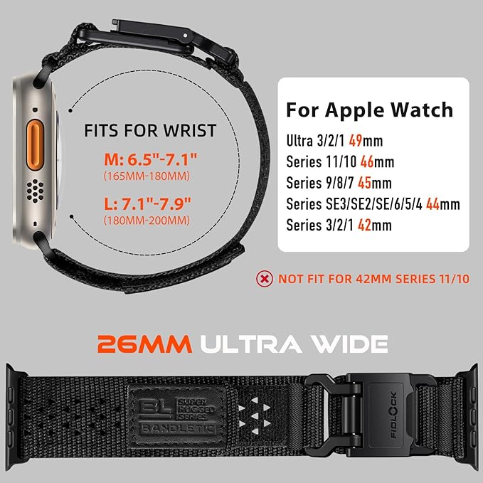Bandletic Compatible with Apple Watch Ultra 3 2 Band 49mm for Men, Rugged Nylon Straps with Magnetic FIDLOCK Hook Buckle for iWatch Series 11/10 46mm, 9/8/7 45mm, SE3/SE2/SE/6/5/4 44mm, 3/2/1 42mm