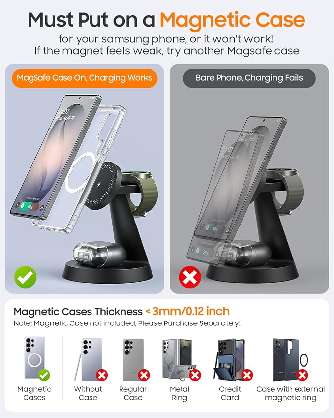 Meifigno Magnetic Wireless Charger for Samsung, 3 in 1 Charging Station Compatible with MagSafe Samsung Charger 25W Max for Galaxy S26 Ultra, Charger Stand for Galaxy Watch Ultra 8 7, with 45W Adapter