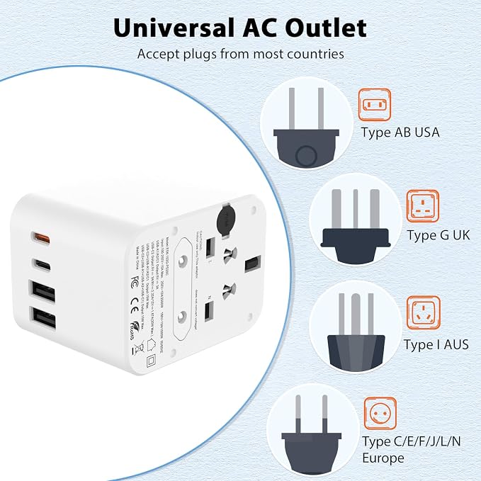 European Travel Plug Adapter, Universal Travel Adapter with PD Fast Charging, 5-Port (1 AC/2 USB-A/2 USB-C) International Power Adapter with Fuse Surge Protection for US EU UK AU - White