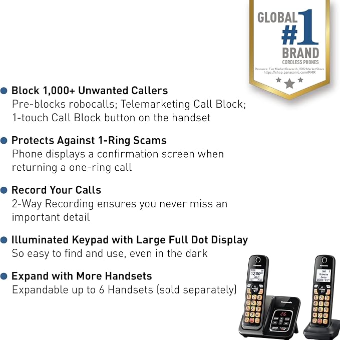 Panasonic Cordless Phone Bundle with Answering Machine, Advanced Call Block, Bilingual Caller ID and High-Contrast Display, Expandable System with 5 Handset Cordless Telephones