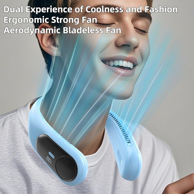 Portable Neck Fan, Personal Wearable Bladeless Fan for Outdoor Indoor, LED Display, 360° Cooling, 4-Speeds, 6000mAh USB Rechargeable, Birthday Gifts for Men Women Dad Mom (Light blue)