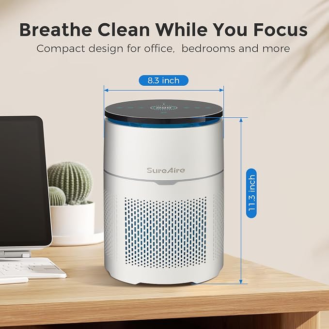 Desktop Air Purifier for Home Office, HEPA Filter for Smoke, Pet Hair - Auto Mode, Low-noise Sleep Mode, Adjustable Light, Compact Design