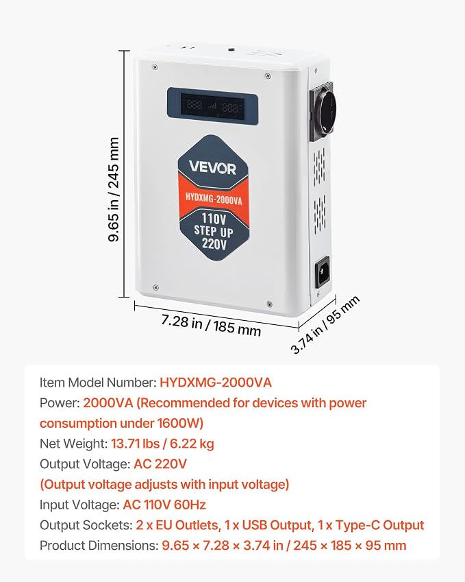 VEVOR Step Up Voltage Converter, 2000VA, Heavy Duty Voltage Power Converter, 110V to 220V Power Transformer, with 2 EU Outlets, USB Output, LCD Display, Temperature Protection, for 220V Appliances